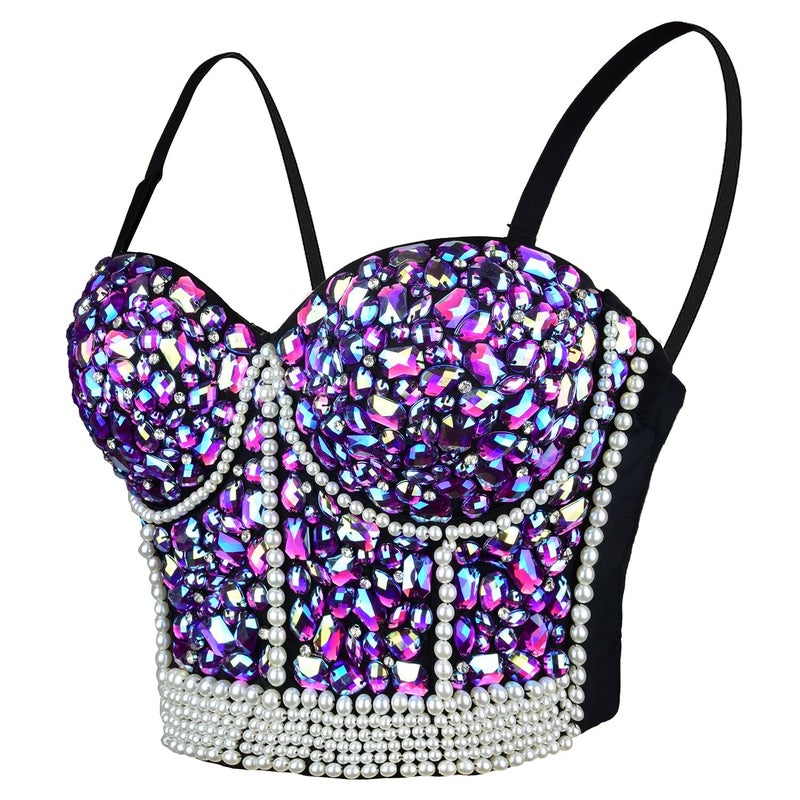 ELLACCI Women's Sexy Rhinestone Bead Bustier Crop Top Club Party Glitter Corset Top Bra Purple Small - Image 1